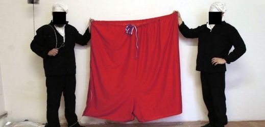 Členové performerské skupiny Zhotoven drží červené trenýrky, které vyvěsili nad Hradem.