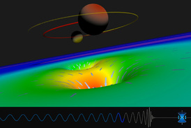 Simulace zakřivení prostoru v okolí dvou černých děr.